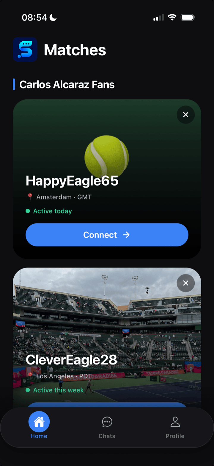 Standm matches screen showing matched fans